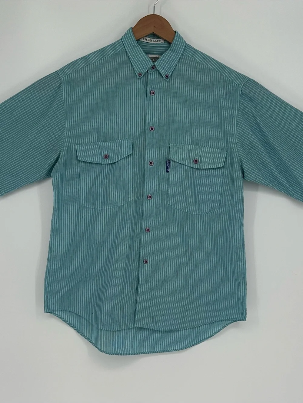 Vintage Levi's Silver Label Men's M Button Up Turquoise/Blue Striped Shirt A6